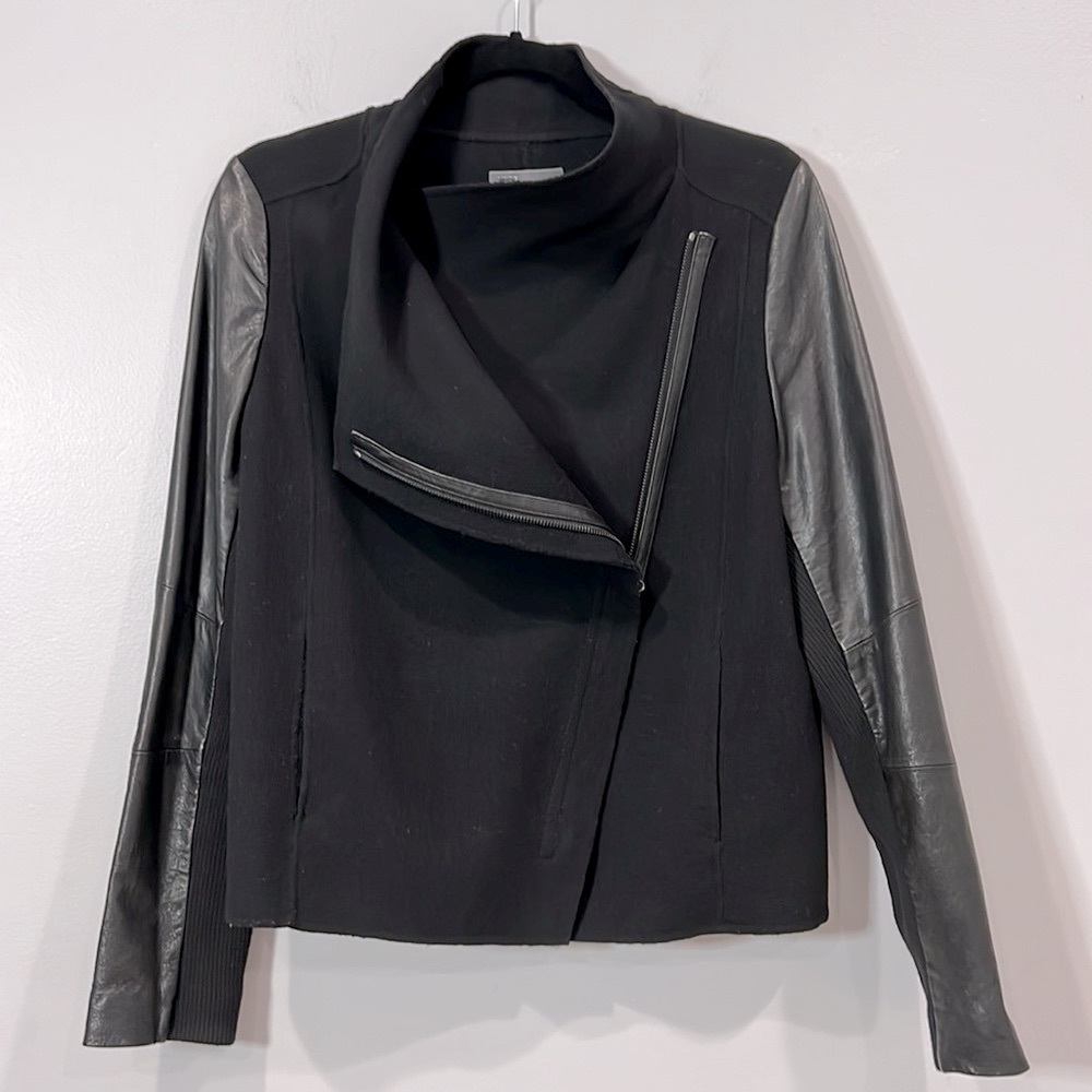 Vince Leather & Wool Mixed Media Black Motto Zip Jacket Knit Sweater Womens M 6 - Picture 5 of 16